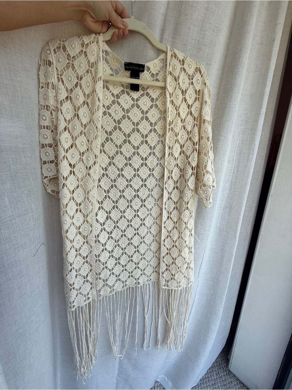 House of Harlow 1960 Cream Crochet Fringe Kimono Duster
